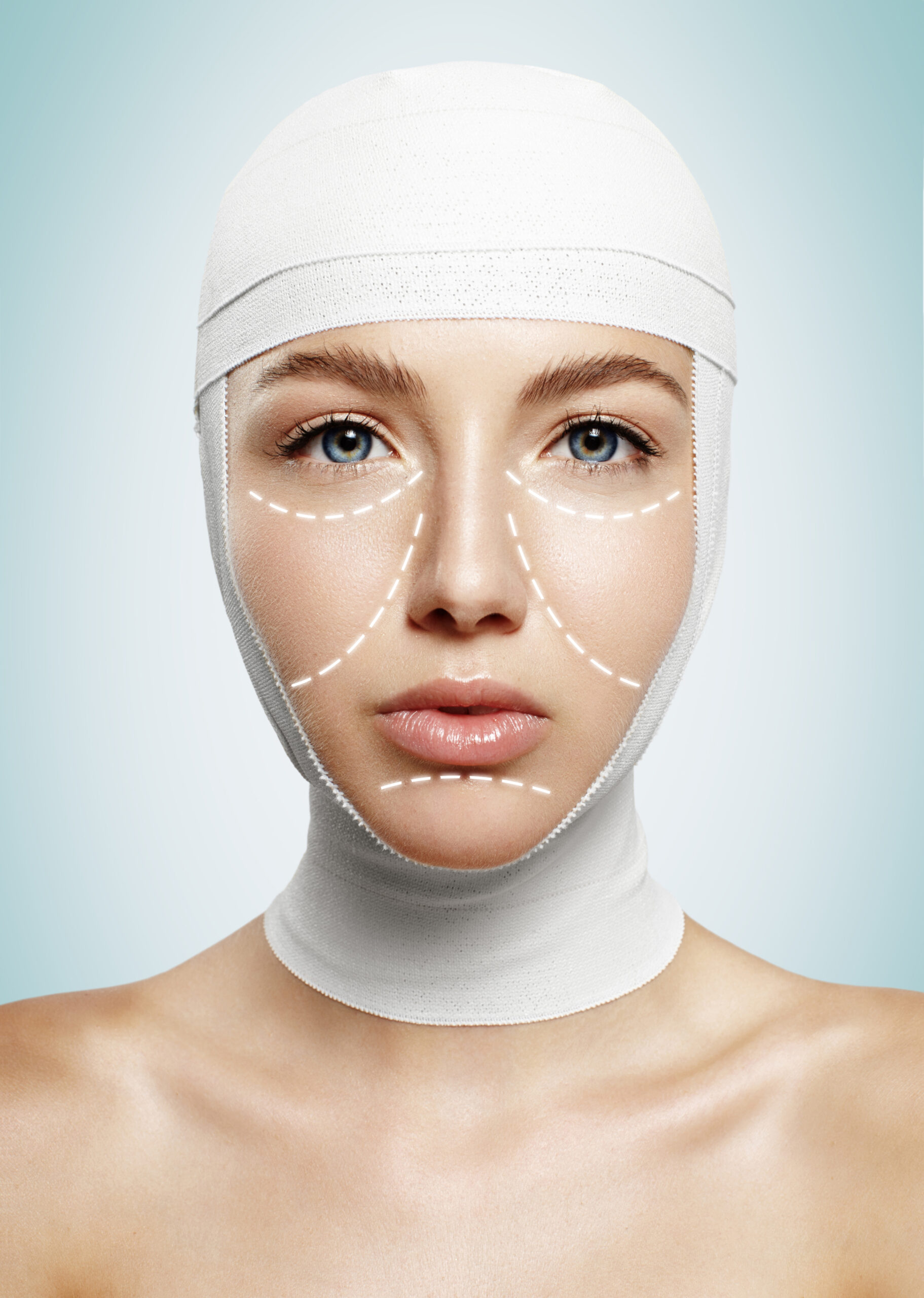 pretty woman with bondaged head and surgery lines